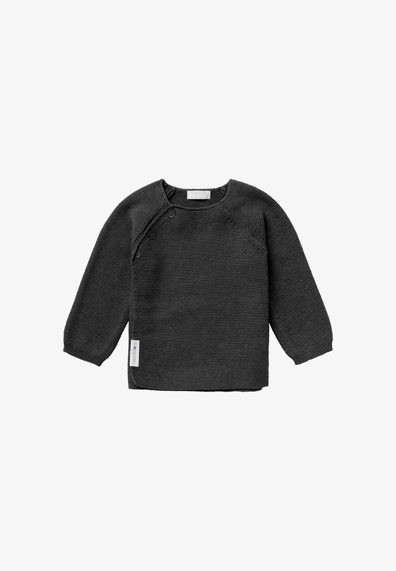 Mörkgrå stickad tröja med långa ärmar, rund halsringning och tre dekorativa knappar på axeln. Lappen synlig på sidan.