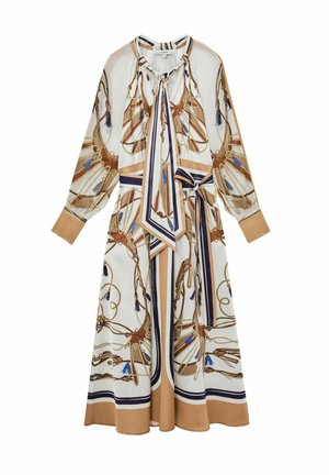 Rochie midi cu mânecă lungă și curea, cu imprimeu de frânghii și ciucuri în nuanțe de bej, alb, bleumarin și albastru, prevăzută cu un guler cu panglică și mâneci cu manșetă.
