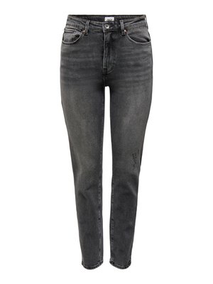 Jean en denim noir à coupe slim, avec une taille mi-haute, cinq poches, un léger effet délavé et un détail usé sur la jambe droite.