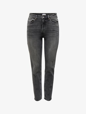 Sorte denim jeans med slim fit, der har en mellemhøj talje, fem lommer, let falmning og en slidtage detalje på det højre ben.
