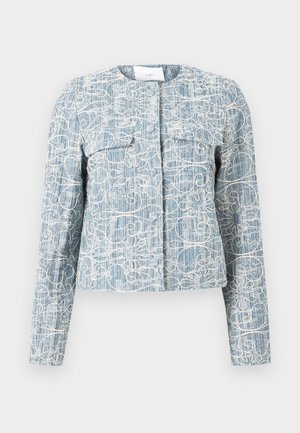 Light blue textured jacket with white abstract floral embroidery, long sleeves, front pockets, and a round neckline.