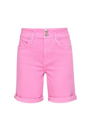 Shorts in denim rosa con risvolto, dotati di due tasche anteriori e una vita con bottone. Texture liscia e design semplice.