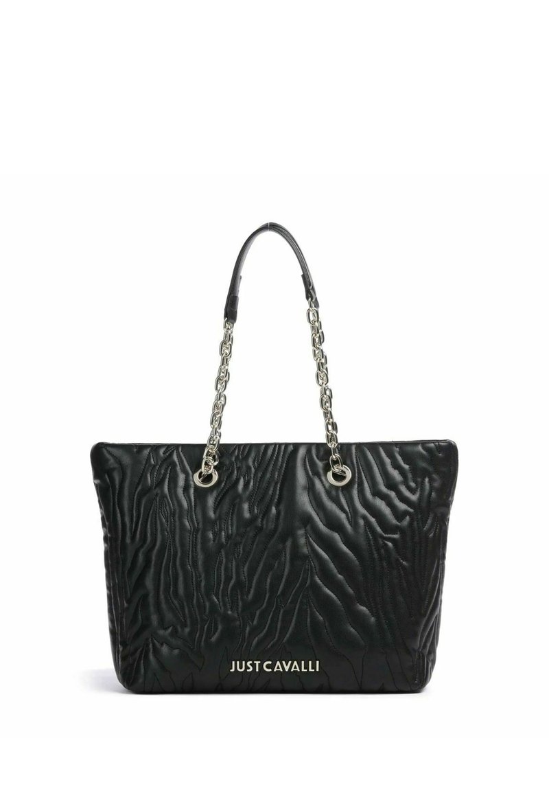 Sac fourre-tout en cuir noir avec motif ondulé embossé, poignées en chaîne argentée et logo à l'avant. Design spacieux avec une texture lisse.