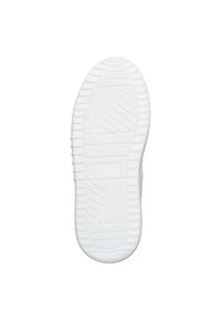 Witte rubberen sneakersoled met een gestructureerd oppervlak, voorzien van een loopvlakpatroon van horizontale en diagonale lijnen voor grip.