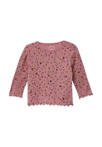 Roze langarm peuter T-shirt met gebogen randen en een multikleurig hart- en stippenbloemenpatroon, met drukknoopjes op de schouders.