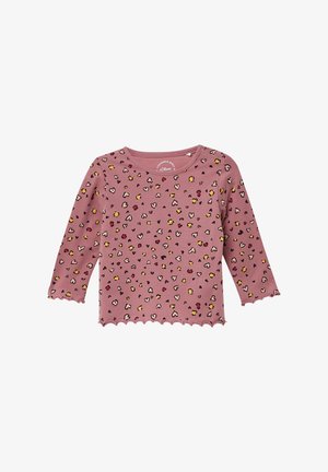 Roze langarm peuter T-shirt met gebogen randen en een multikleurig hart- en stippenbloemenpatroon, met drukknoopjes op de schouders.