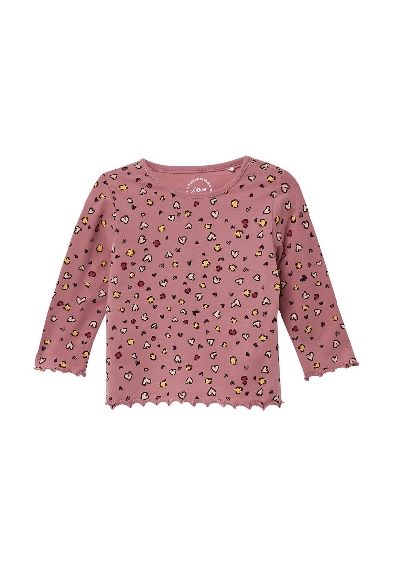 Roze langarm peuter T-shirt met gebogen randen en een multikleurig hart- en stippenbloemenpatroon, met drukknoopjes op de schouders.