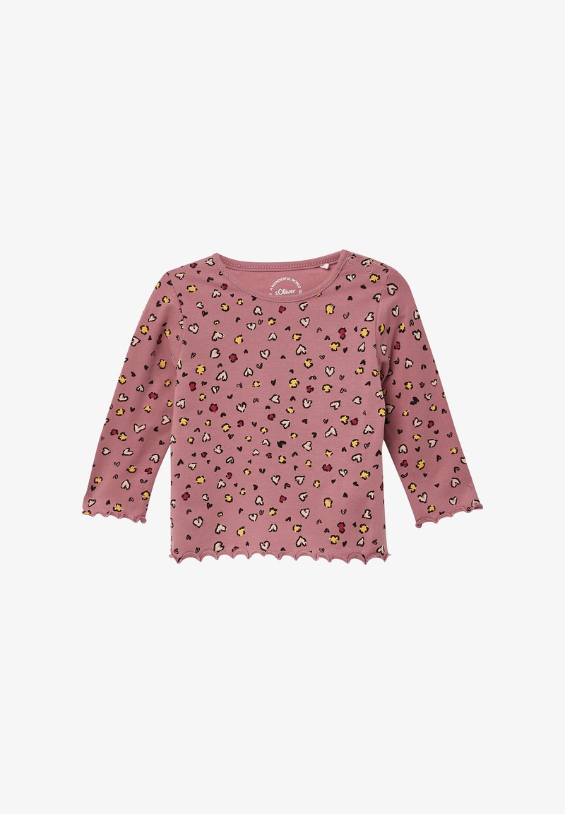 Roze langarm peuter T-shirt met gebogen randen en een multikleurig hart- en stippenbloemenpatroon, met drukknoopjes op de schouders.