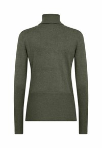 Pulover verde cu guler înalt dintr-un material tricotat fin. Are mâneci lungi, manșete striate și o croială lejeră, cu tiv drept.