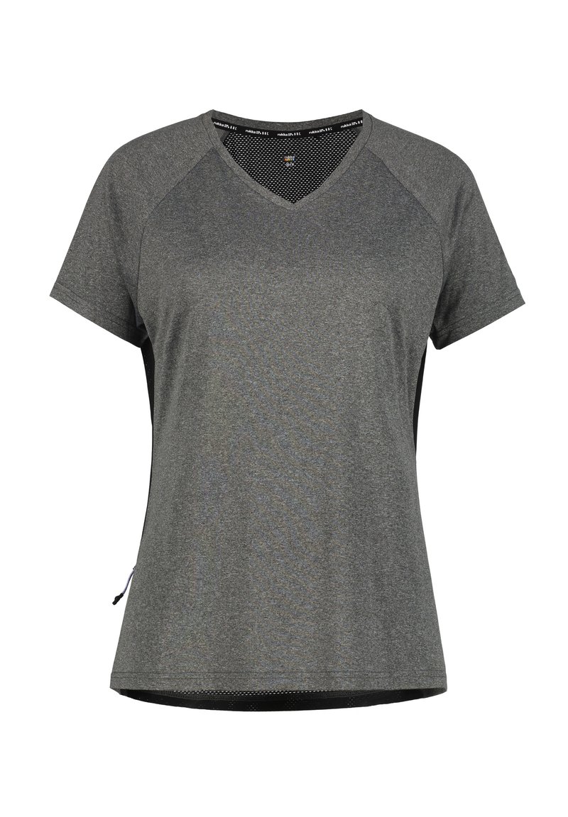 Grå kortärmad sporttröja med V-ringning, mesh på sidorna och dragsko i nederkant. Mjuk, fukttransporterande tyg.