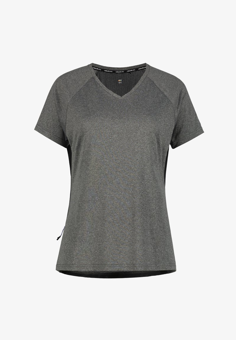 Grå kortärmad sporttröja med V-ringning, mesh på sidorna och dragsko i nederkant. Mjuk, fukttransporterande tyg.