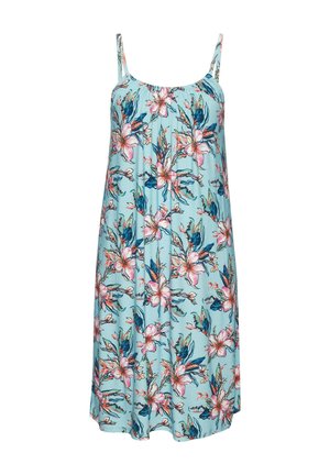 Hellblaues ärmelloses Sommerkleid mit pinkem und orangefarbenem Blumenmuster und dünnen Schulterträgern.