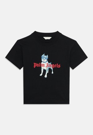 Schwarzes Kurzarm-T-Shirt mit einer blauen und weißen Hunde-Grafik und rotem "Palm Angels"-Schriftzug auf der Brust.