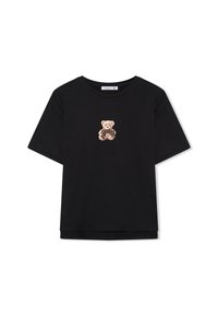 Czarny bawełniany t-shirt z naszytym wzorem misia w kratkę z leopardzim nadrukiem na brzuszku, krótkie rękawy i okrągły dekolt.