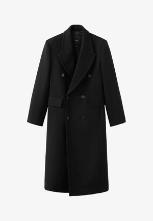 Długi czarny dwurzędowy płaszcz wełniany z szerokimi klapami i kieszeniami z patkami, prezentowany na białym tle.