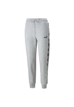 Pantalon de survêtement Puma gris clair avec poignets élastiques, taille à cordon de serrage et bande noire avec logo Puma le long des coutures latérales.