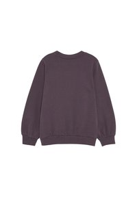 Donkerpaarse sweatshirt met ribbels aan de manchetten en kraag. Zachte katoenstof, losse pasvorm met een gladde textuur en geen zichtbare patronen.