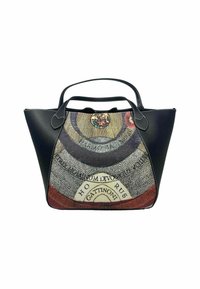 Sort læder tote bag med et farverigt grafisk print med cirkulære motiver og tekst på forsiden. Kontrastsyninger langs kanterne.