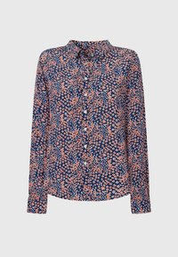 Långärmad skjorta i marinblått tyg med ett blommigt mönster i rosa och vitt, knappstängning och en klassisk krage.