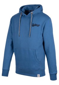 Blue hoodie with a drawstring hood, front pocket, and a logo on the chest. Made of soft fabric with ribbed cuffs and hem.
