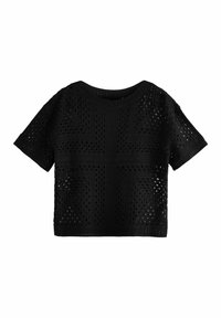 Zwarte T-shirt met korte mouwen en een losse fit, voorzien van een textuurpatroon van open breiwerk en geometrische uitsparingen. Rondde halslijn.