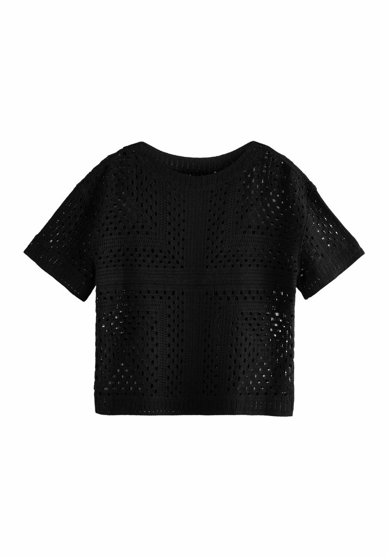 Zwarte T-shirt met korte mouwen en een losse fit, voorzien van een textuurpatroon van open breiwerk en geometrische uitsparingen. Rondde halslijn.