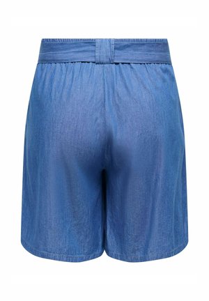 Blauwe casual shorts met hoge taille, met een gerimpelde elastische tailleband en bijpassende stoffen ceintuurlus, gemaakt van zachte, lichte denimstof.