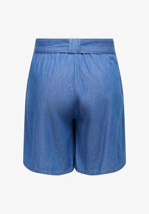 Shorts décontractés bleu taille haute avec ceinture élastique froncée et passant de ceinture assorti en tissu, fabriqués en tissu denim doux et léger.