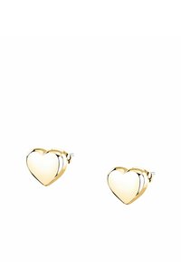 Orecchini a perno a forma di cuore in oro con finitura lucida e chiusura sicura. La superficie liscia e il design simmetrico esaltano la loro eleganza.