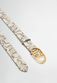 Ceinture imprimée serpent dans des tons beiges et gris avec une texture lisse. Elle est dotée d'une boucle en métal doré de forme ronde et d'une extrémité effilée élégante.