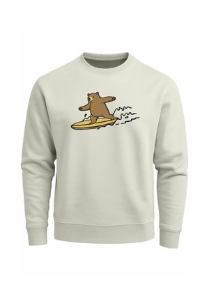 Hellgrauer Sweatshirt mit einem Cartoon-Bären, der auf einem gelben Surfbrett surft, umgeben von schwarz umrandeten Wellen und Details im Design.