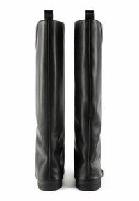 Tall black leather boots with a smooth texture, featuring a straight design, rounded toe, and subtle pull tabs at the top. Flat rubber soles.