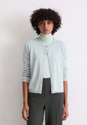 Cardigan bleu clair avec un col rond et une fermeture à boutons, porté sur un col roulé vert clair, associé à un pantalon à carreaux gris.