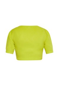 Rövid, csavart ujjú, világos lime zöld cropped top, enyhe puffos vállrésszel. Sima textúra és rugalmas anyag.