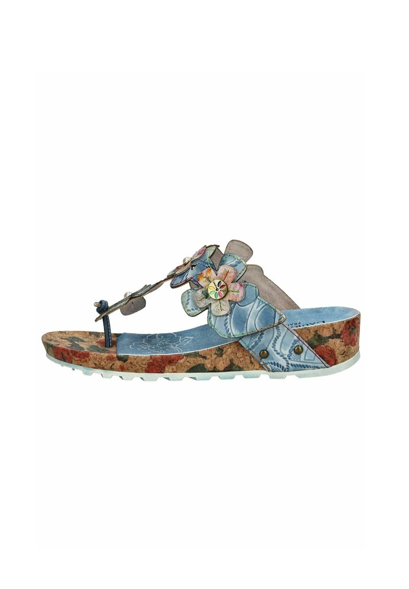 Sandale à design floral avec semelle en liège, brides à motifs bleus et accents de fleurs décoratives. Surface texturée et semelle extérieure striée.
