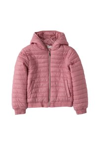 Roze gewatteerde jas met capuchon en rits, met horizontale stiksels, elastische manchetten en twee zijzakken. Luxe, lichtgewicht stof.