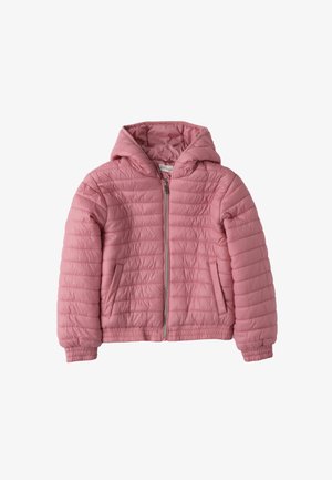 Veste matelassée rose à capuche avec fermeture éclair, dotée de coutures horizontales, de poignets élastiques et de deux poches latérales. Tissu lisse et léger.