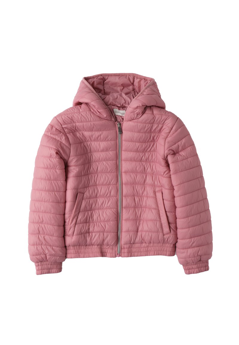 Roze gewatteerde jas met capuchon en rits, met horizontale stiksels, elastische manchetten en twee zijzakken. Luxe, lichtgewicht stof.