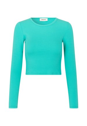 Haut court à manches longues turquoise en tissu côtelé. Présente un col rond et un design ajusté, avec une texture lisse.