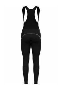 Svart sykkel-bib-shorts laget av elastisk stoff, med brede stropper, polstret seteområde og reflekterende detaljer langs siden.