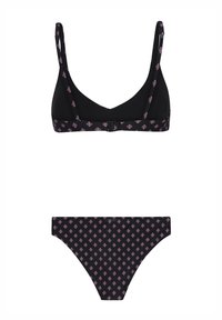 Juodas bikini viršus su plonomis reguliuojamomis petnešėlėmis ir užsegimu, derinamas su atitinkamais apatiniais, kurie pasižymi mažais rožiniais deimanto raštais.