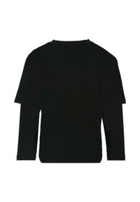 Maglietta nera a maniche lunghe con un design a strati; i materiali sembrano morbidi con una texture liscia e cuciture sottili lungo l'orlo e le spalle.