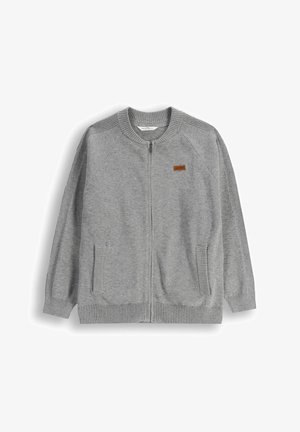 Szara bluza z zamkiem na całej długości, z ściągaczami przy mankietach i dolnym brzegu, z bocznymi kieszeniami i małą brązową metką na klatce piersiowej z logo.