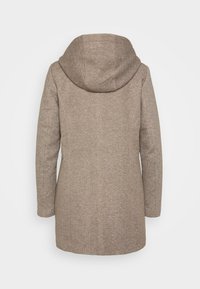 Brown, textured coat with a hood, featuring a straight cut, long sleeves, and a subtle herringbone pattern on the fabric.