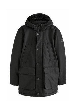 Black parka jacket with a hood. Made of smooth, water-resistant material. Features two large front pockets and button closures. Lined interior.