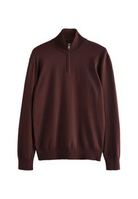 Burgunderfarbenes Sweatshirt mit hohem Kragen und halbem Reißverschluss. Aus weichem Stoff gefertigt, mit gerippten Bündchen und Saum. Glatte Textur.