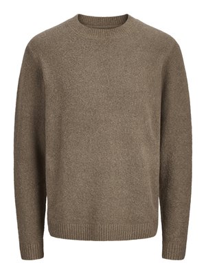 Brauner Wollpullover mit langen Ärmeln, gerippten Bündchen, Saum und Rundhalsausschnitt.