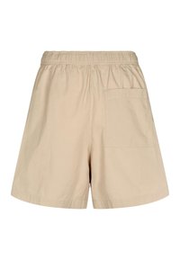 Bézs színű pamut rövidnadrág rugalmas derékrésszel, egyetlen hátsó zsebbel és laza, térdig érő szabással.