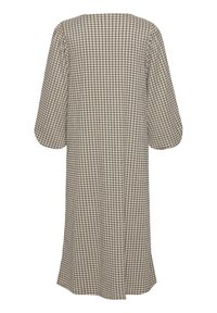 Robe beige à motif à carreaux noirs, coupe ample et manches trois-quarts, vue de dos sur fond blanc.