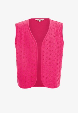 Roze mouwloos vest met bloemenborduursel, voorzien van een V-hals en een gladde textuur. Geen sluitingen of zakken zichtbaar.